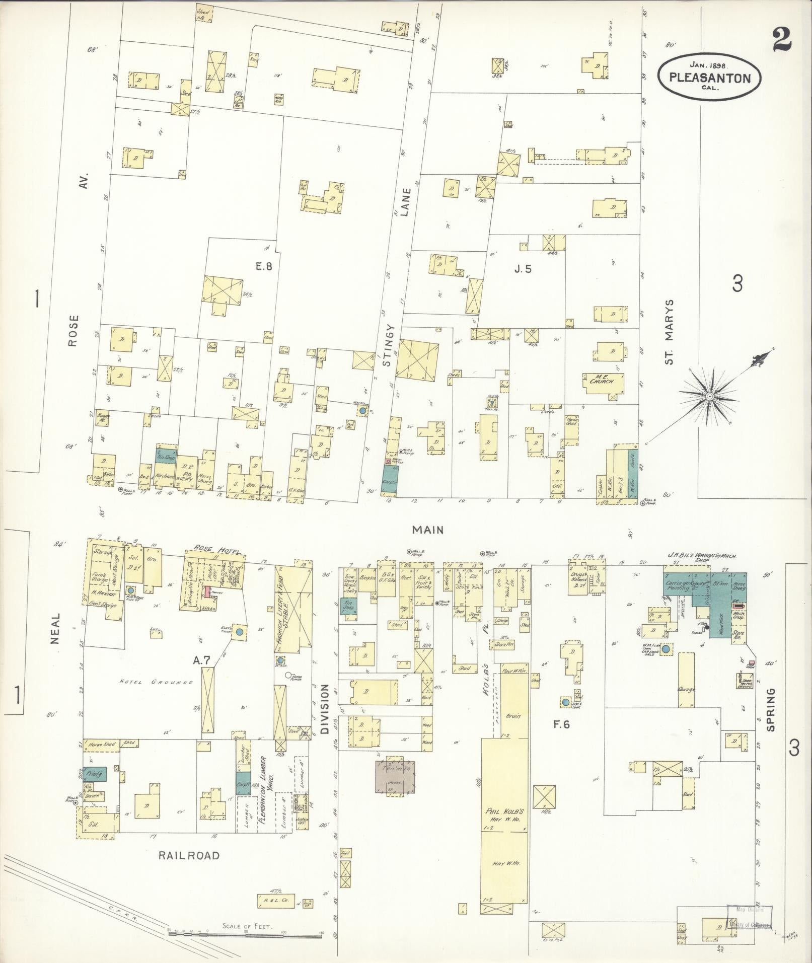 Sanborn Fire Insurance Map from Pleasanton, Alameda County, California (1898), Sheet #0002 - Complete Map Set gallery image, historic Sanborn map, vintage wall art, California California