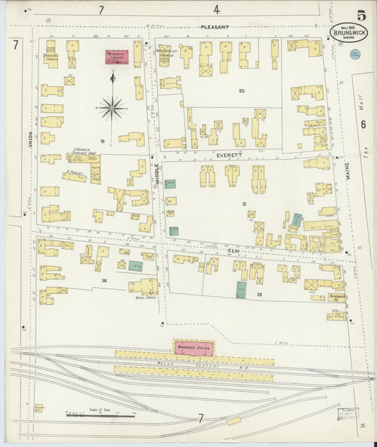 Sanborn Fire Insurance Map from Brunswick, Cumberland County, Maine (1906), Sheet #0005 - Historic Sanborn Fire Insurance Map Print, vintage old map wall art, antique decor, genealogy gift, Maine Maine map