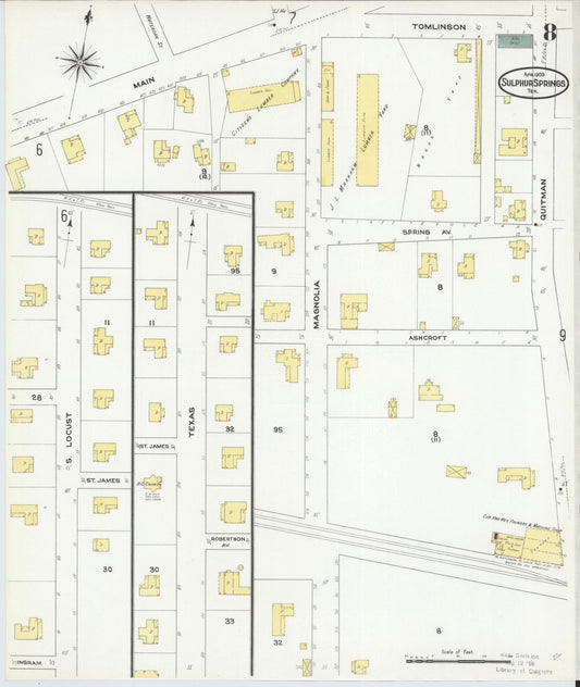 Sanborn Fire Insurance Map from Sulphur Springs, Hopkins County, Texas (1909), Sheet #0008 - Historic Sanborn Fire Insurance Map Print, vintage old map wall art, antique decor, genealogy gift, Texas Texas map