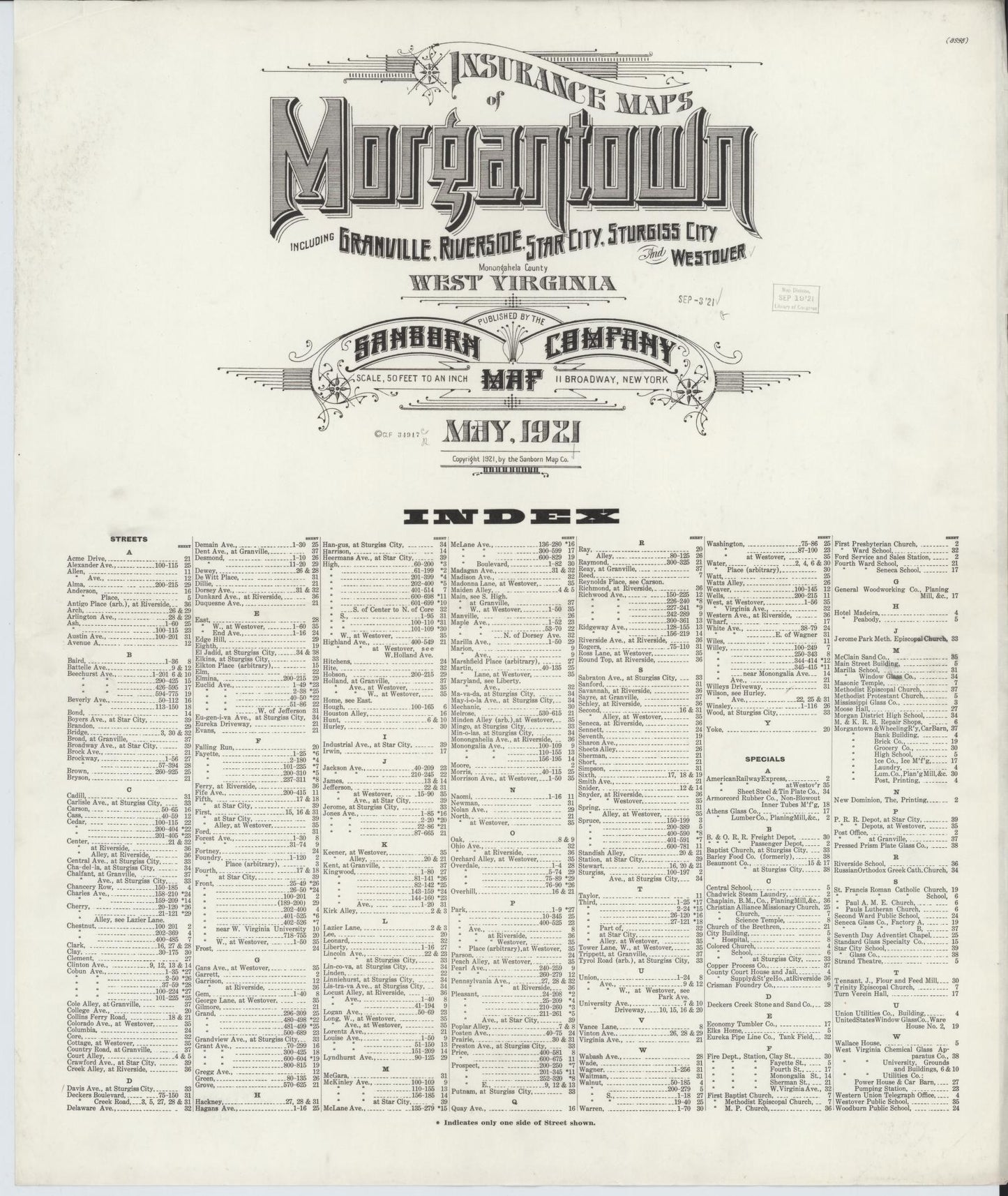 Sanborn Fire Insurance Map from Morgantown, Monongalia County, West Virginia. (1921) – Historic Sanborn Fire Insurance Map Print
