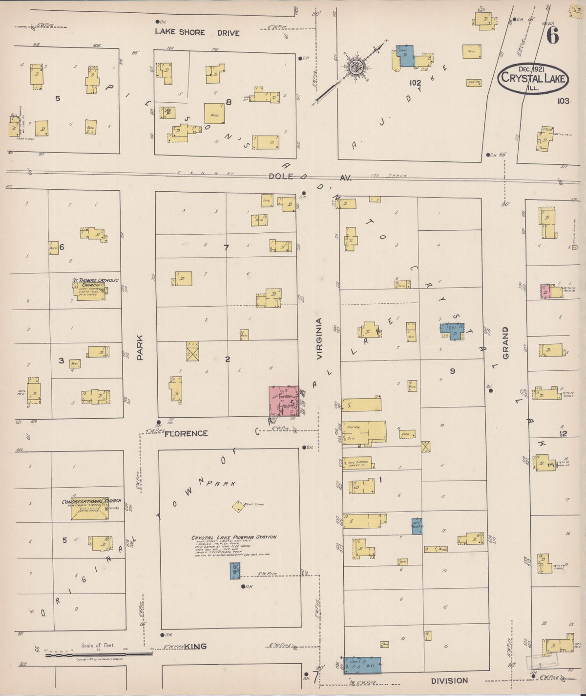 Sanborn Fire Insurance Map from Crystal Lake, McHenry County, Illinois (1921), Sheet #0006 - Historic Sanborn Fire Insurance Map Print, vintage old map wall art, antique decor, genealogy gift, Illinois Illinois map