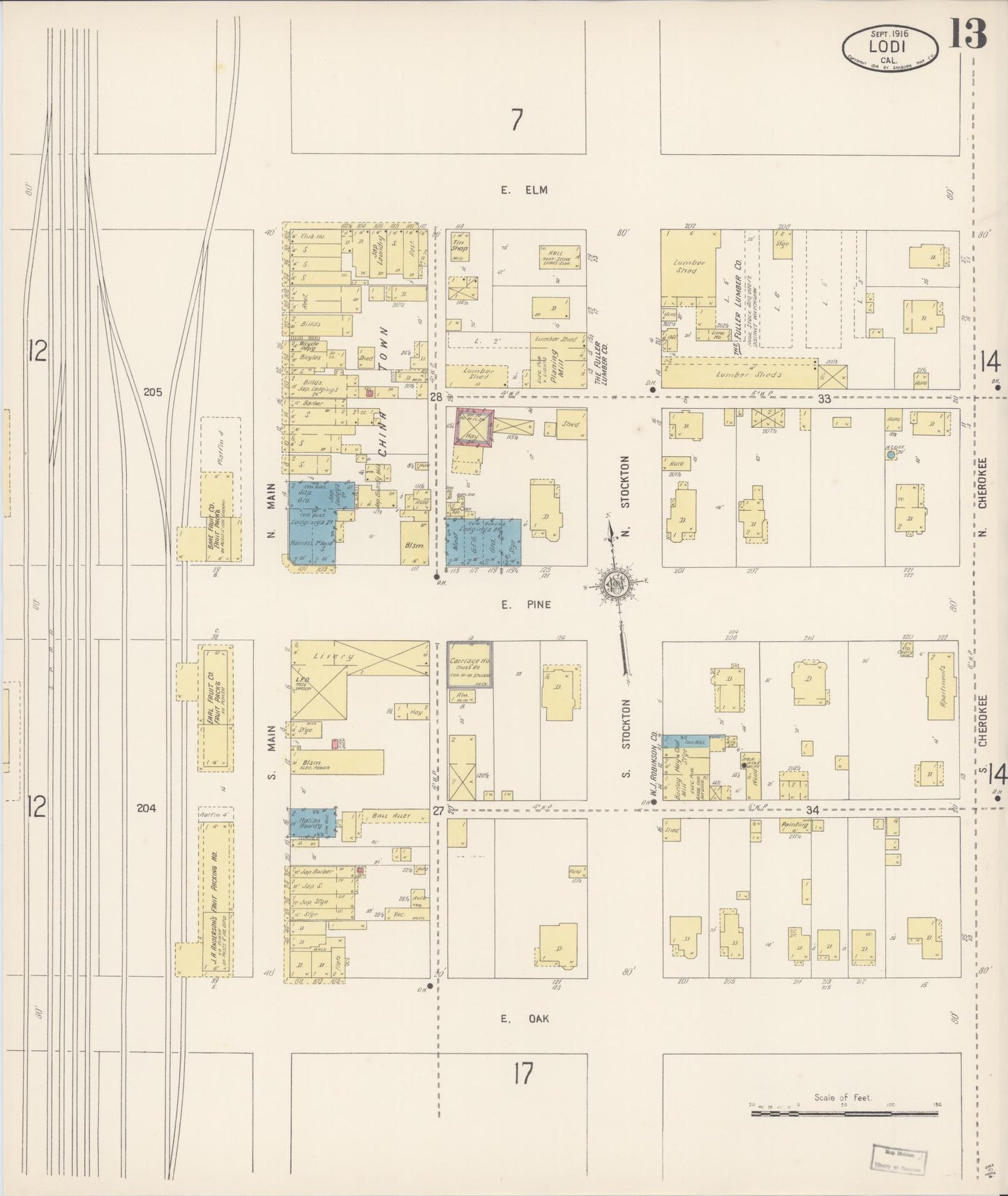Sanborn Fire Insurance Map from Lodi, San Joaquin County, California (1916), Sheet #0013 - Historic Sanborn Fire Insurance Map Print, vintage old map wall art, antique decor, genealogy gift, California California map