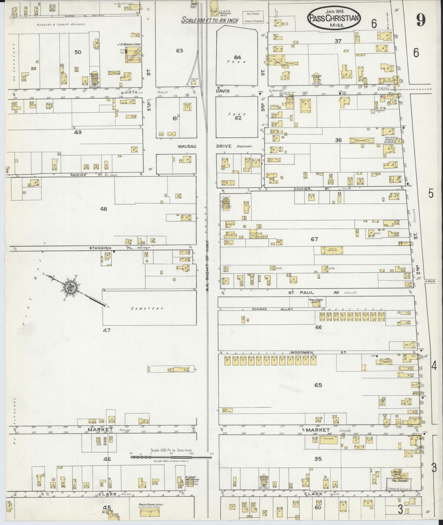 Sanborn Fire Insurance Map from Pass Christian, Harrison County, Mississippi (1918), Sheet #0009 - Historic Sanborn Fire Insurance Map Print, vintage old map wall art, antique decor, genealogy gift, Mississippi Mississippi map