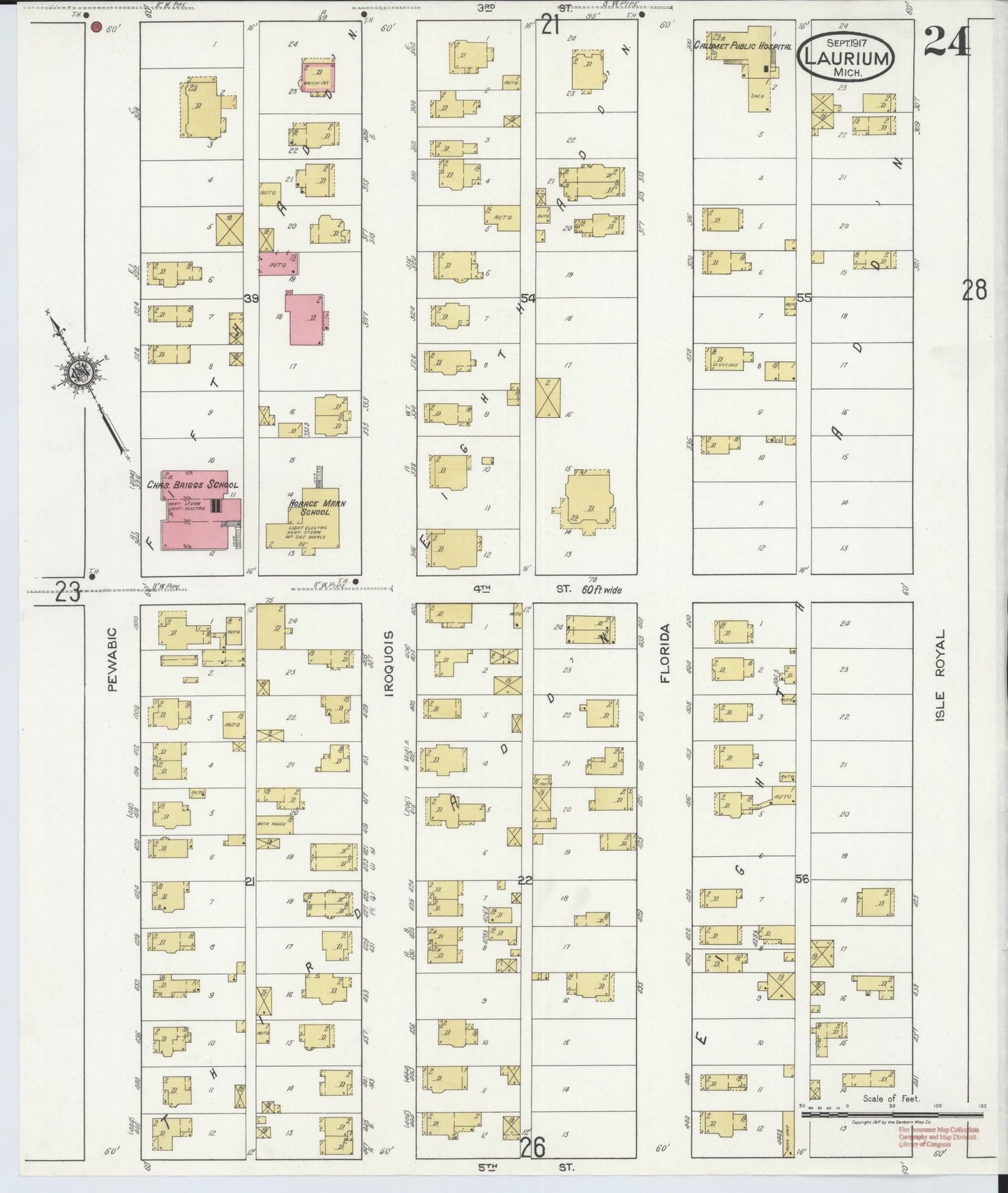 Sanborn Fire Insurance Map from Laurium, Houghton County, Michigan (1917), Sheet #0024 - Historic Sanborn Fire Insurance Map Print, vintage old map wall art, antique decor, genealogy gift, Michigan Michigan map