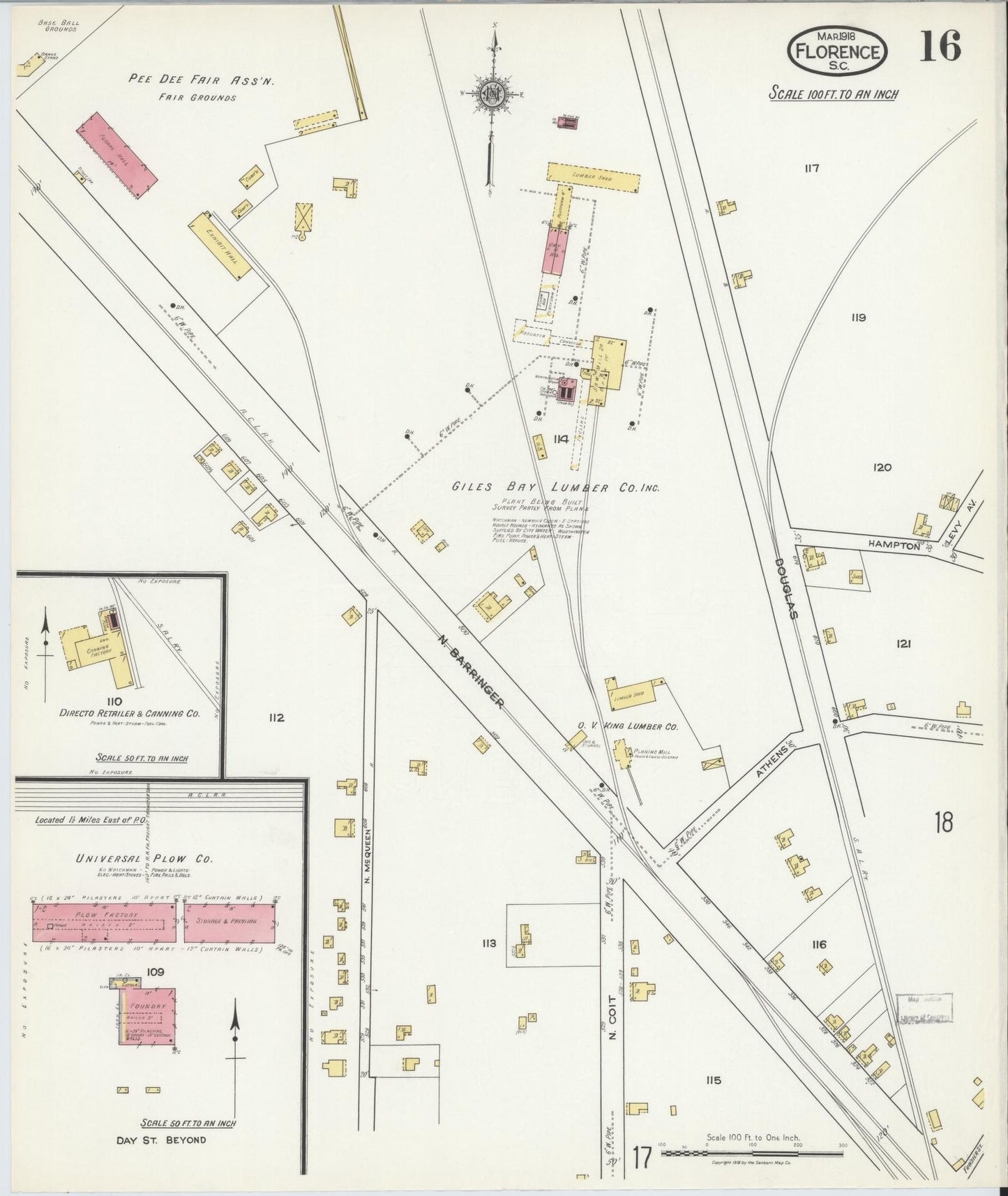 Sanborn Fire Insurance Map from Florence, Florence County, South Carolina (1918), Sheet #0016 - Historic Sanborn Fire Insurance Map Print, vintage old map wall art, antique decor, genealogy gift, South Carolina South Carolina map