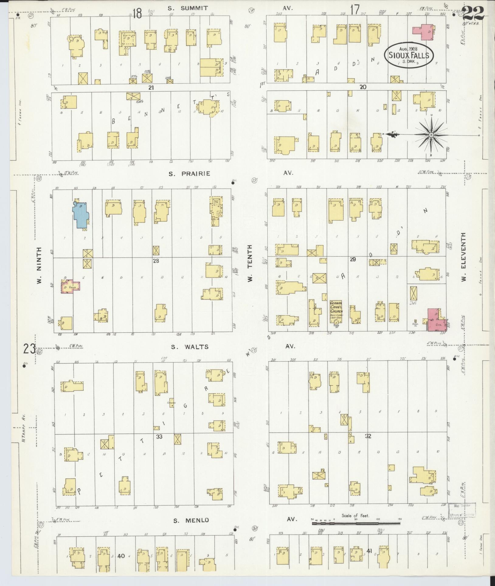 Sanborn Fire Insurance Map from Sioux Falls, Minnehaha County, South Dakota (1908), Sheet #0022 - Complete Map Set gallery image, historic Sanborn map, vintage wall art, South Dakota South Dakota