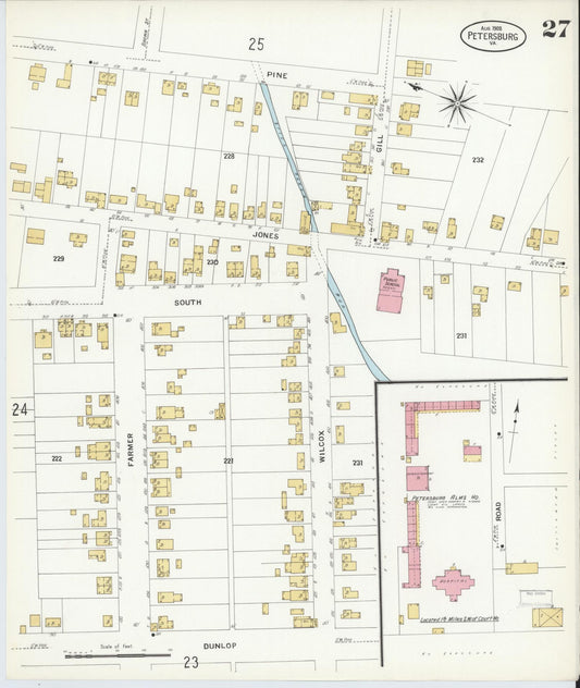 Sanborn Fire Insurance Map from Petersburg, Independent Cities, Virginia (1908), Sheet #0027 - Historic Sanborn Fire Insurance Map Print, vintage old map wall art, antique decor, genealogy gift, Virginia Virginia map