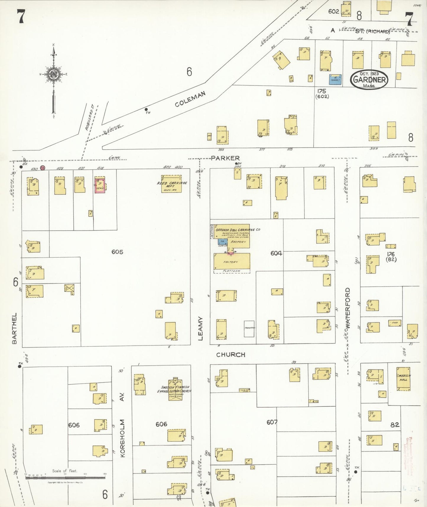 Sanborn Fire Insurance Map from Gardner, Worcester County, Massachusetts (1923), Sheet #0007 - Historic Sanborn Fire Insurance Map Print, vintage old map wall art, antique decor, genealogy gift, Massachusetts Massachusetts map