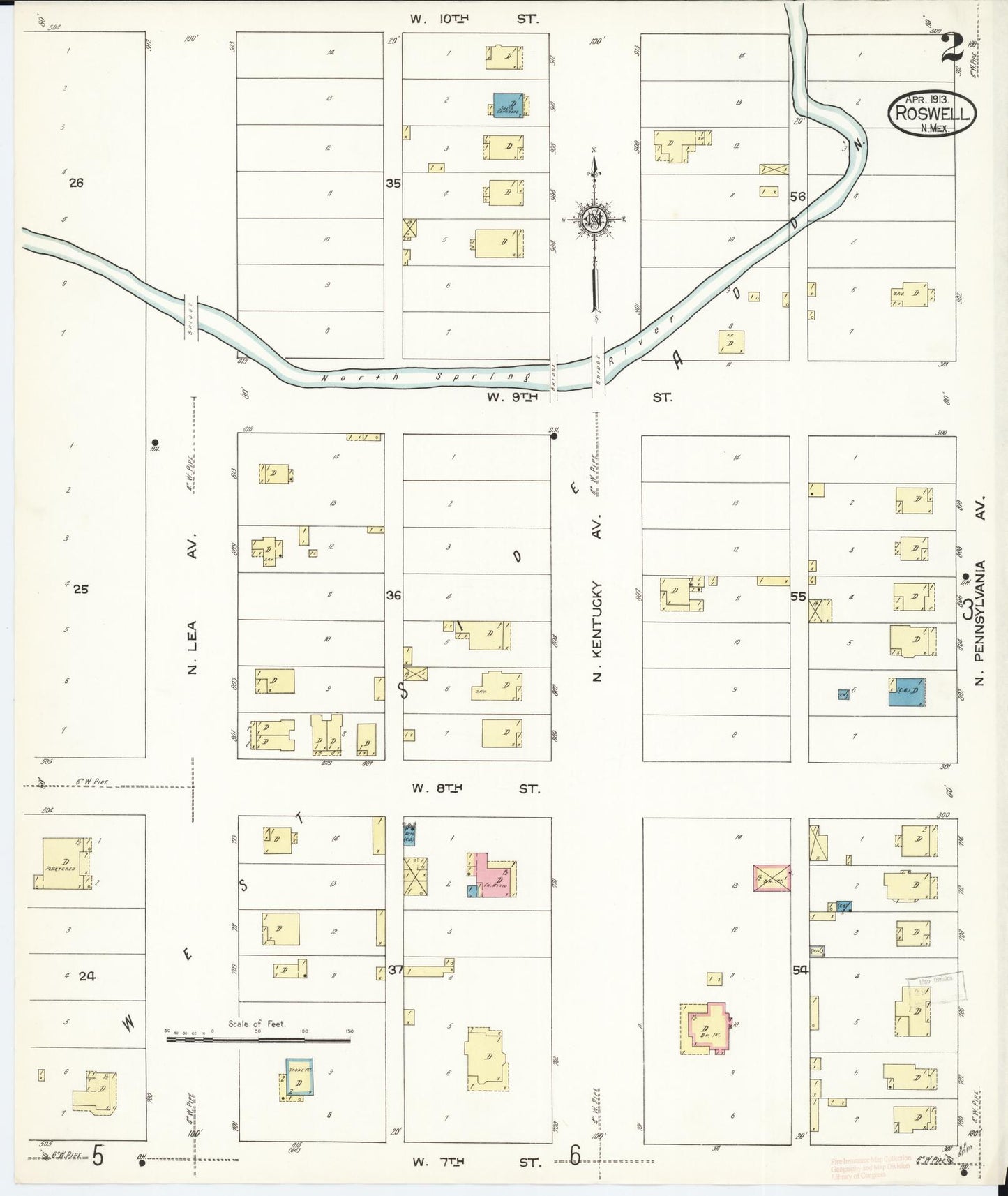 Sanborn Fire Insurance Map from Roswell, Chaves County, New Mexico (1913), Sheet #0002 - Historic Sanborn Fire Insurance Map Print, vintage old map wall art, antique decor, genealogy gift, New Mexico New Mexico map