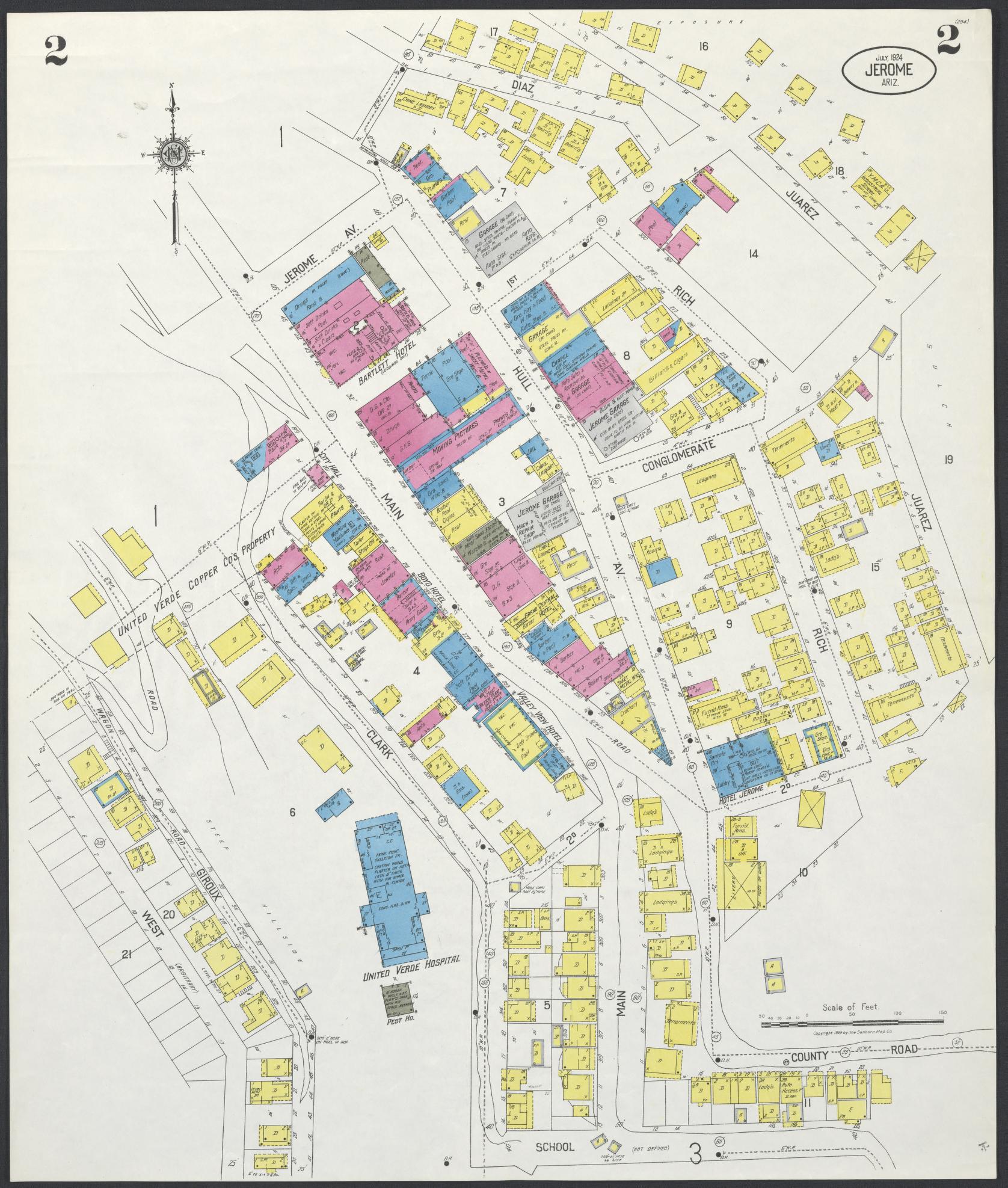 Sanborn Fire Insurance Map from Jerome, Yavapai County, Arizona (1924), Sheet #0002 - Complete Map Set gallery image, historic Sanborn map, vintage wall art, Arizona Arizona