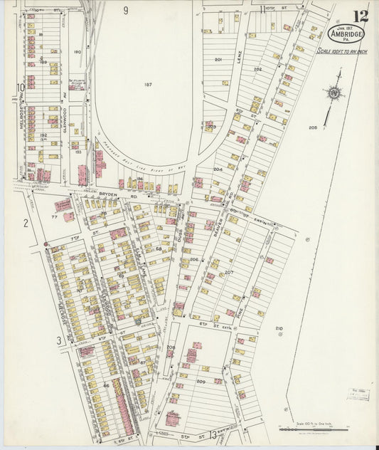 Sanborn Fire Insurance Map from Ambridge, Beaver County, Pennsylvania (1917), Sheet #0012 - Historic Sanborn Fire Insurance Map Print, vintage old map wall art, antique decor, genealogy gift, Pennsylvania Pennsylvania map