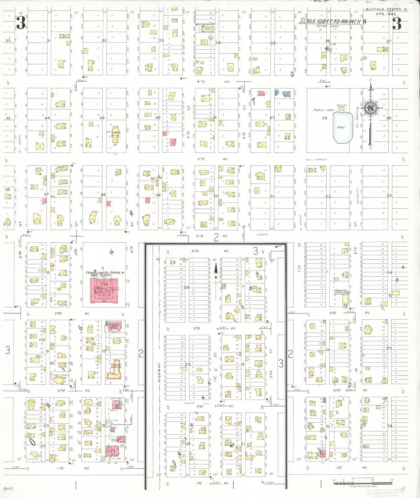 Sanborn Fire Insurance Map from Buffalo Center, Winnebago County, Iowa (1942), Sheet #0003 - Historic Sanborn Fire Insurance Map Print, vintage old map wall art