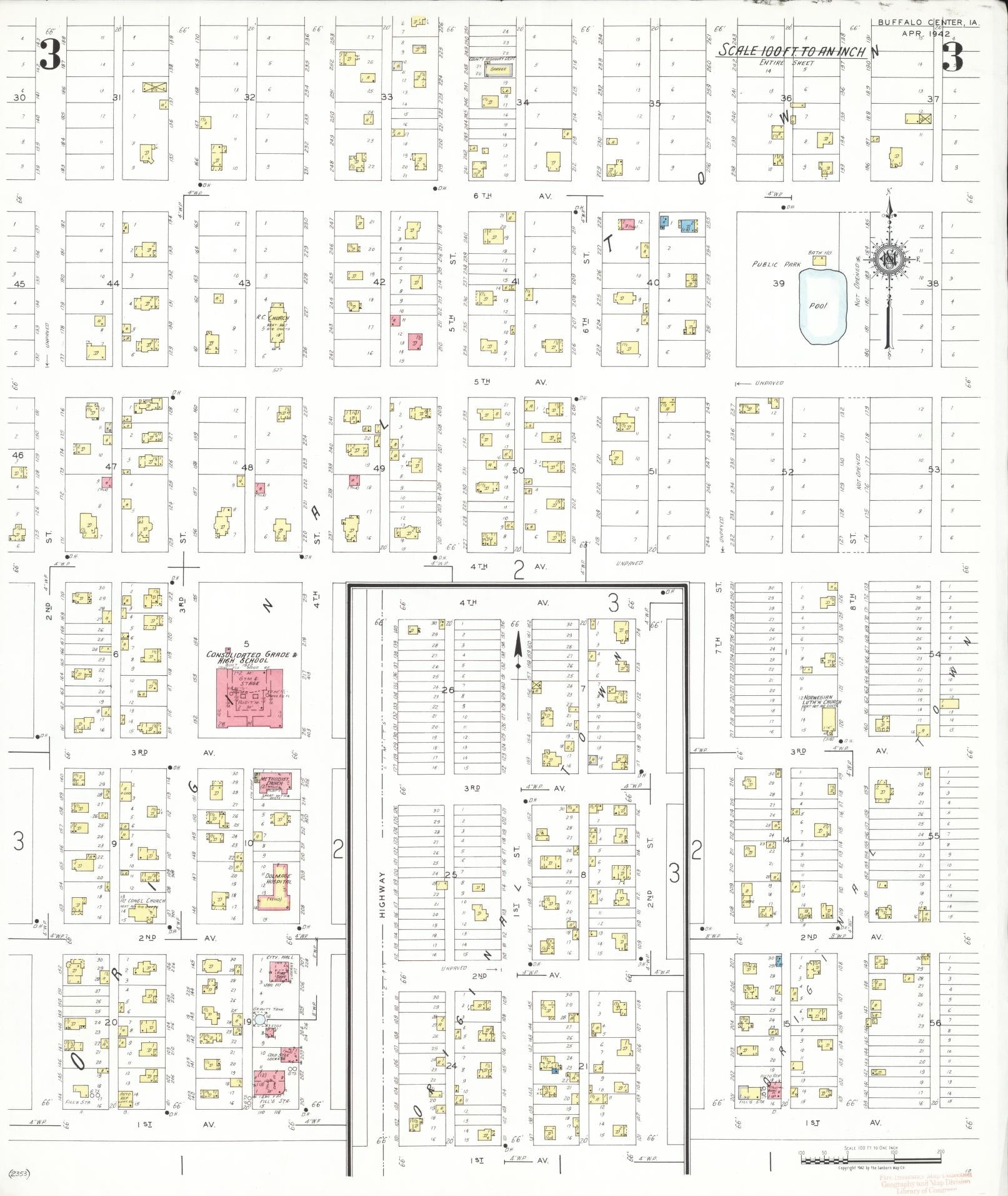 Sanborn Fire Insurance Map from Buffalo Center, Winnebago County, Iowa (1942), Sheet #0003 - Historic Sanborn Fire Insurance Map Print, vintage old map wall art
