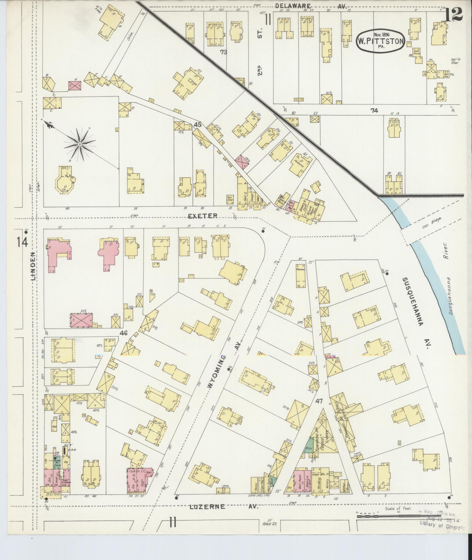 Sanborn Fire Insurance Map from Pittston, Luzerne County, Pennsylvania (1896), Sheet #0012 - Complete Map Set gallery image, historic Sanborn map, vintage wall art, Pennsylvania Pennsylvania