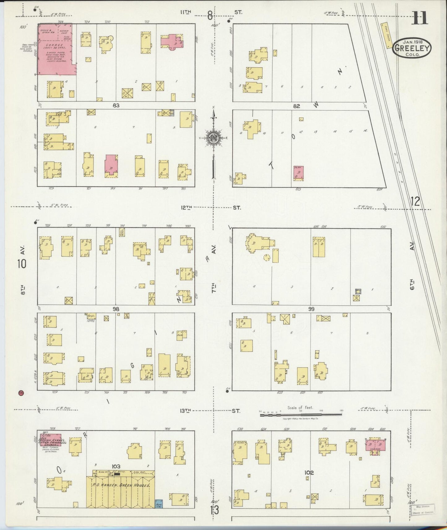 Sanborn Fire Insurance Map from Greeley, Weld County, Colorado (1918), Sheet #0011 - Complete Map Set gallery image, historic Sanborn map, vintage wall art, Colorado Colorado