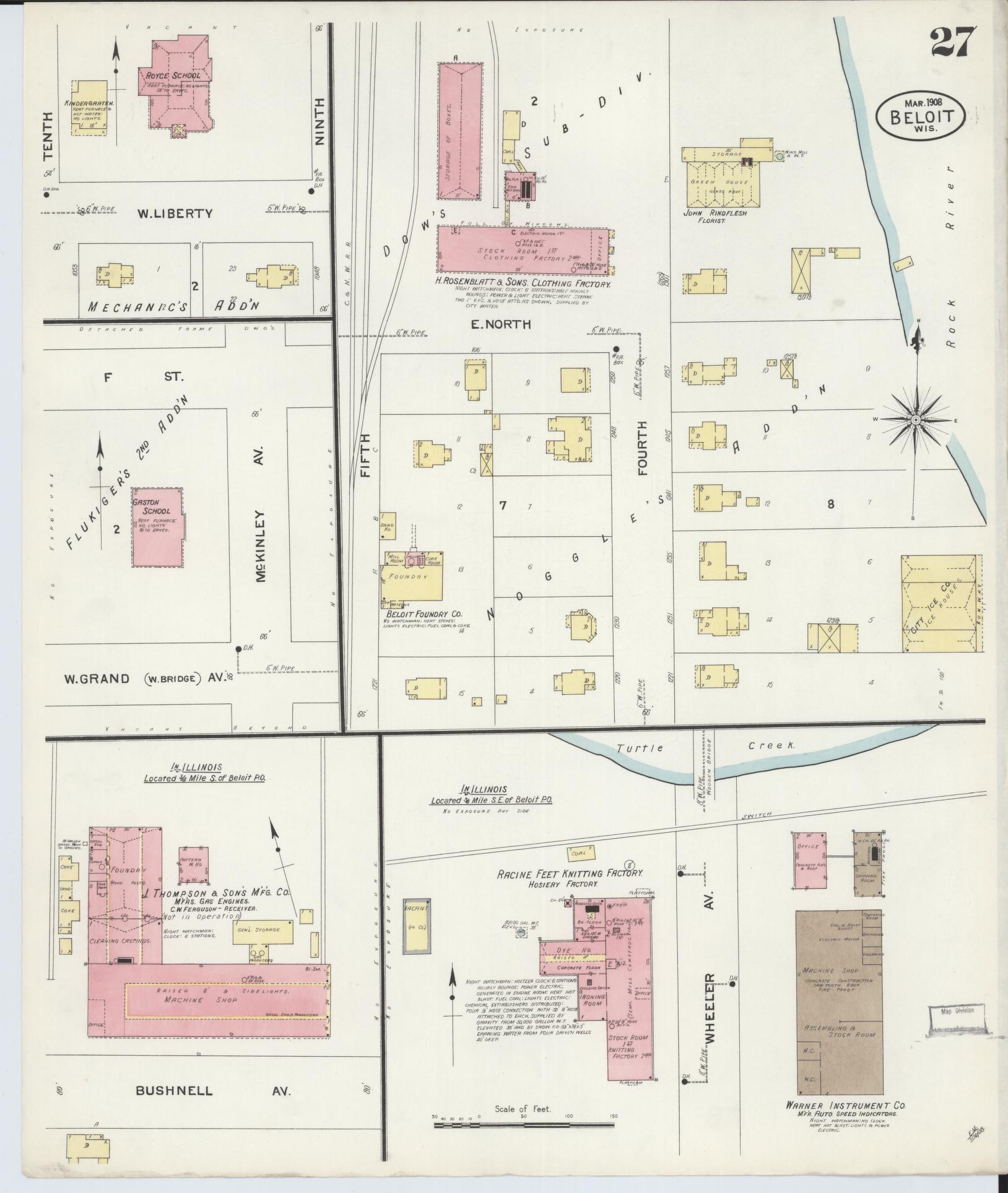 Sanborn Fire Insurance Map from Beloit, Rock County, Wisconsin (1908), Sheet #0027 - Historic Sanborn Fire Insurance Map Print, vintage old map wall art, antique decor, genealogy gift, Wisconsin Wisconsin map