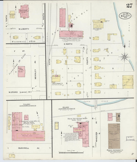 Sanborn Fire Insurance Map from Beloit, Rock County, Wisconsin (1908), Sheet #0027 - Historic Sanborn Fire Insurance Map Print, vintage old map wall art, antique decor, genealogy gift, Wisconsin Wisconsin map