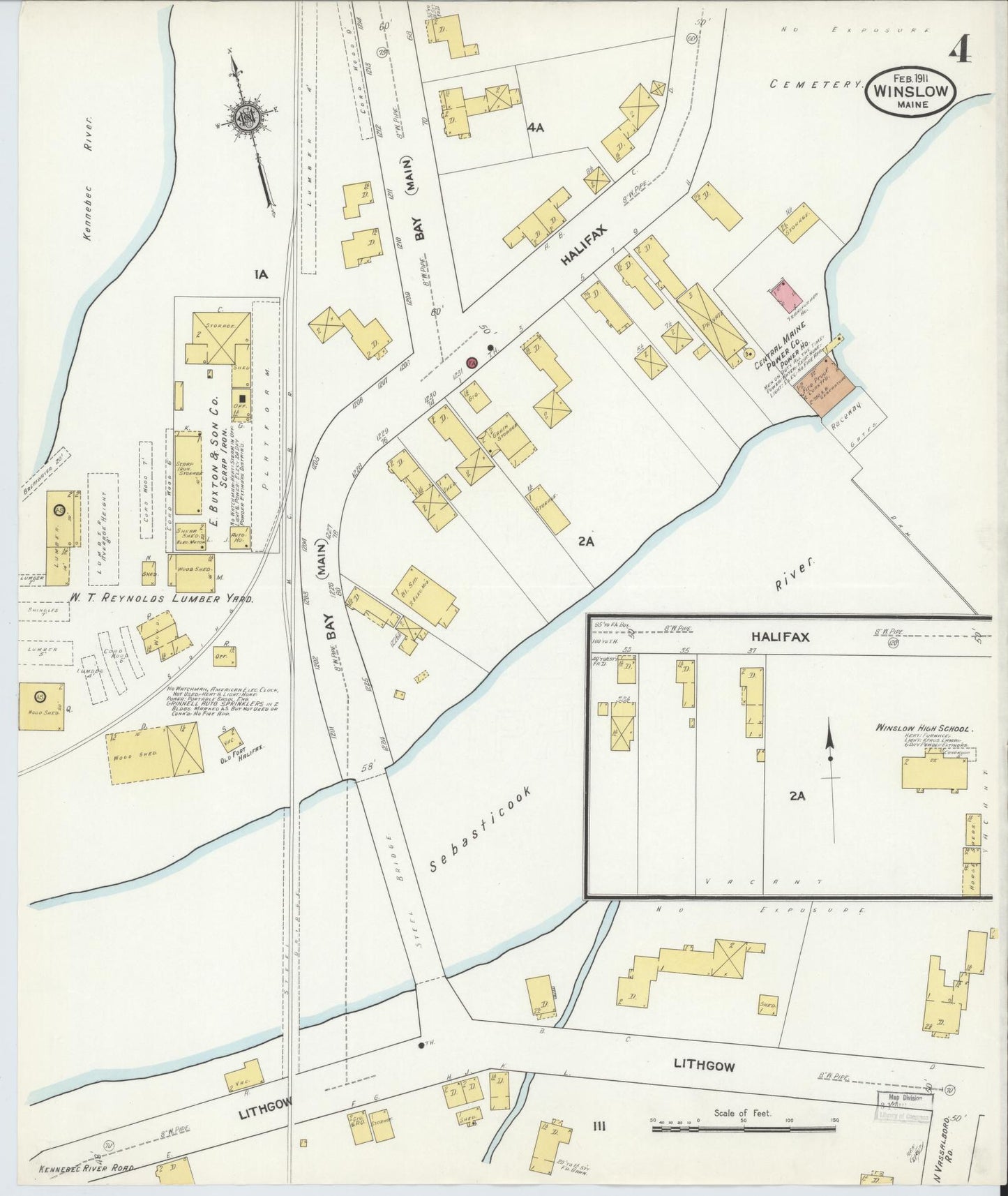 Sanborn Fire Insurance Map from Winslow, Kennebec County, Maine (1911), Sheet #0004 - Historic Sanborn Fire Insurance Map Print, vintage old map wall art, antique decor, genealogy gift, Maine Maine map