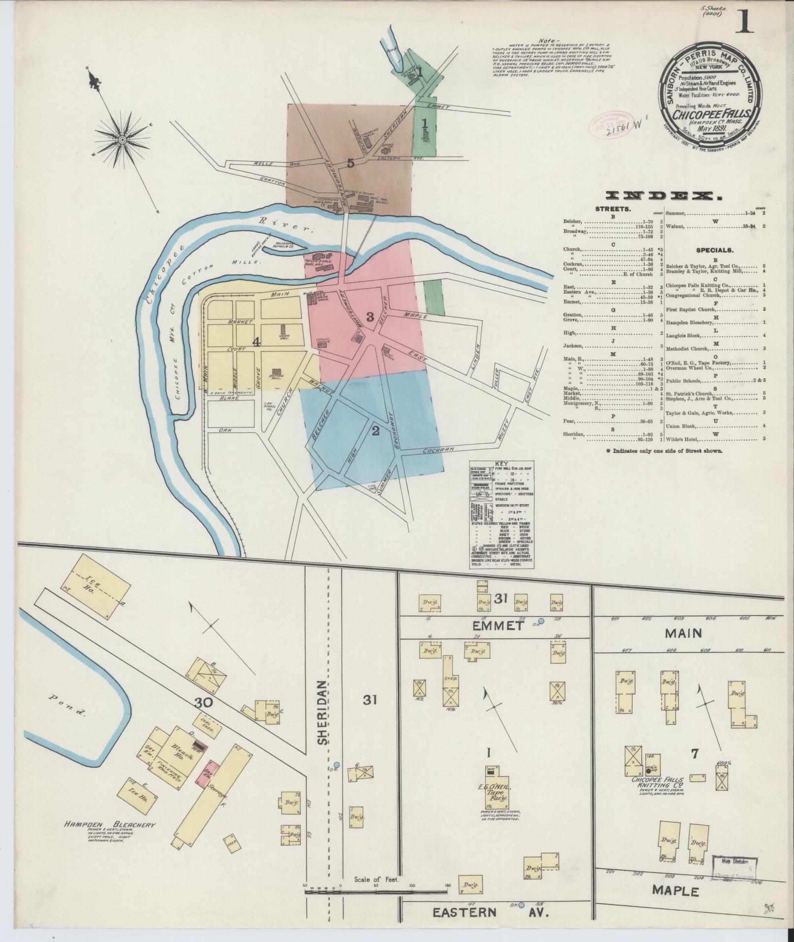 Sanborn Fire Insurance Map from Chicopee Falls, Hampden County, Massachusetts (1891), Sheet #0001 - Historic Sanborn Fire Insurance Map Print, vintage old map wall art, antique decor, genealogy gift, Massachusetts Massachusetts map