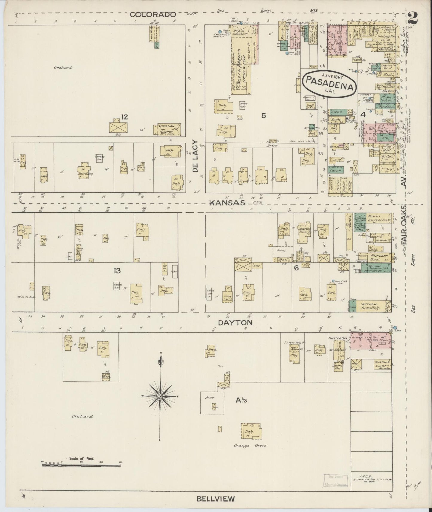 Sanborn Fire Insurance Map from Pasadena, Los Angeles County, California (1887), Sheet #0002 - Complete Map Set gallery image, historic Sanborn map, vintage wall art, California California