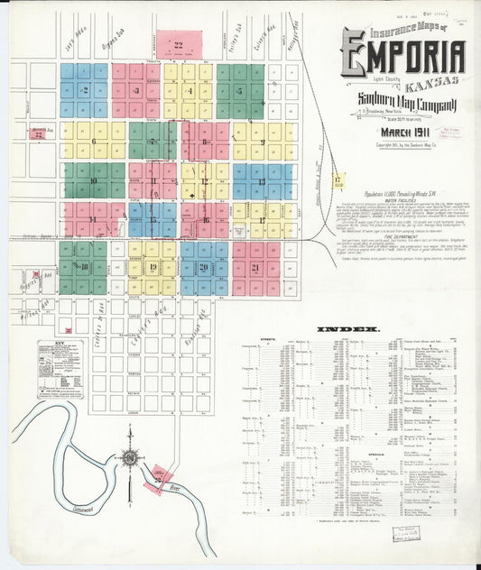 Sanborn Fire Insurance Map from Emporia, Lyon County, Kansas (1911), Sheet #0001 - Historic Sanborn Fire Insurance Map Print, vintage old map wall art, antique decor, genealogy gift, Kansas Kansas map
