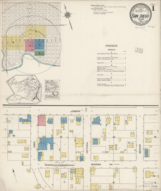 Sanborn Fire Insurance Map from San Diego, Duval And Jim Wells Counties, Texas (1922), Sheet #0001 - Historic Sanborn Fire Insurance Map Print, vintage old map wall art, antique decor, genealogy gift, Texas Texas map