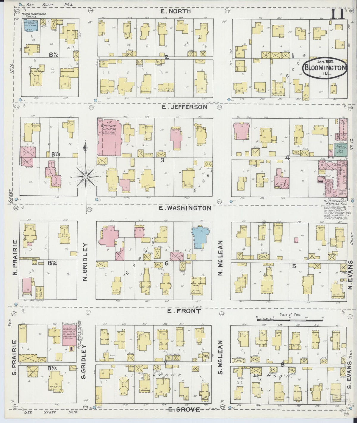 Sanborn Fire Insurance Map from Bloomington, McLean County, Illinois (1892), Sheet #0011 - Historic Sanborn Fire Insurance Map Print, vintage old map wall art, antique decor, genealogy gift, Illinois Illinois map