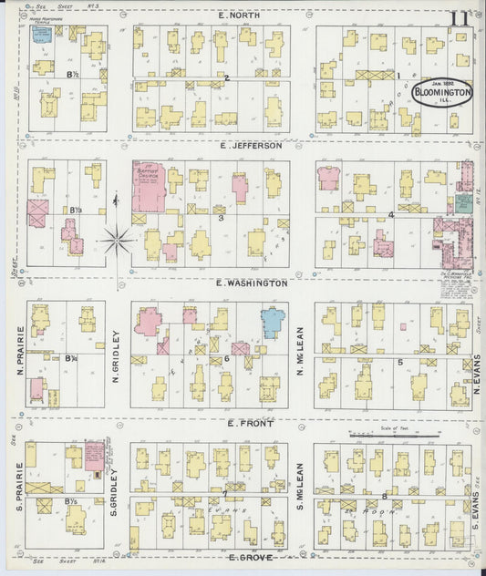 Sanborn Fire Insurance Map from Bloomington, McLean County, Illinois (1892), Sheet #0011 - Historic Sanborn Fire Insurance Map Print, vintage old map wall art, antique decor, genealogy gift, Illinois Illinois map