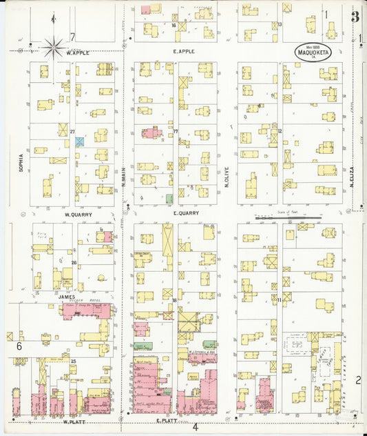Sanborn Fire Insurance Map from Maquoketa, Jackson County, Iowa (1899), Sheet #0003 - Historic Sanborn Fire Insurance Map Print, vintage old map wall art