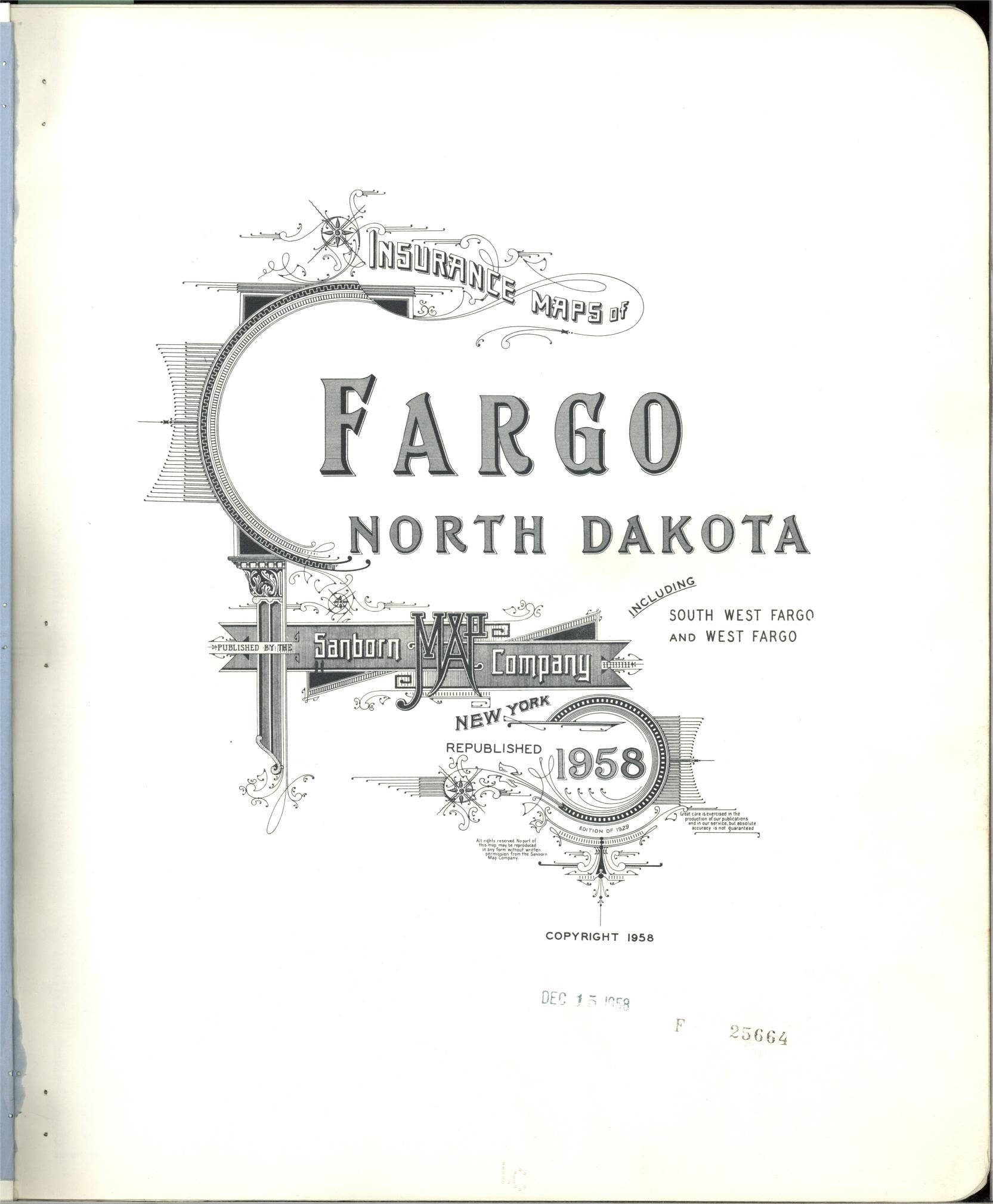 Sanborn Fire Insurance Map from Fargo, Cass County, North Dakota (1958), Sheet #0001 - Historic Sanborn Fire Insurance Map Print, vintage old map wall art, antique decor, genealogy gift, North Dakota North Dakota map