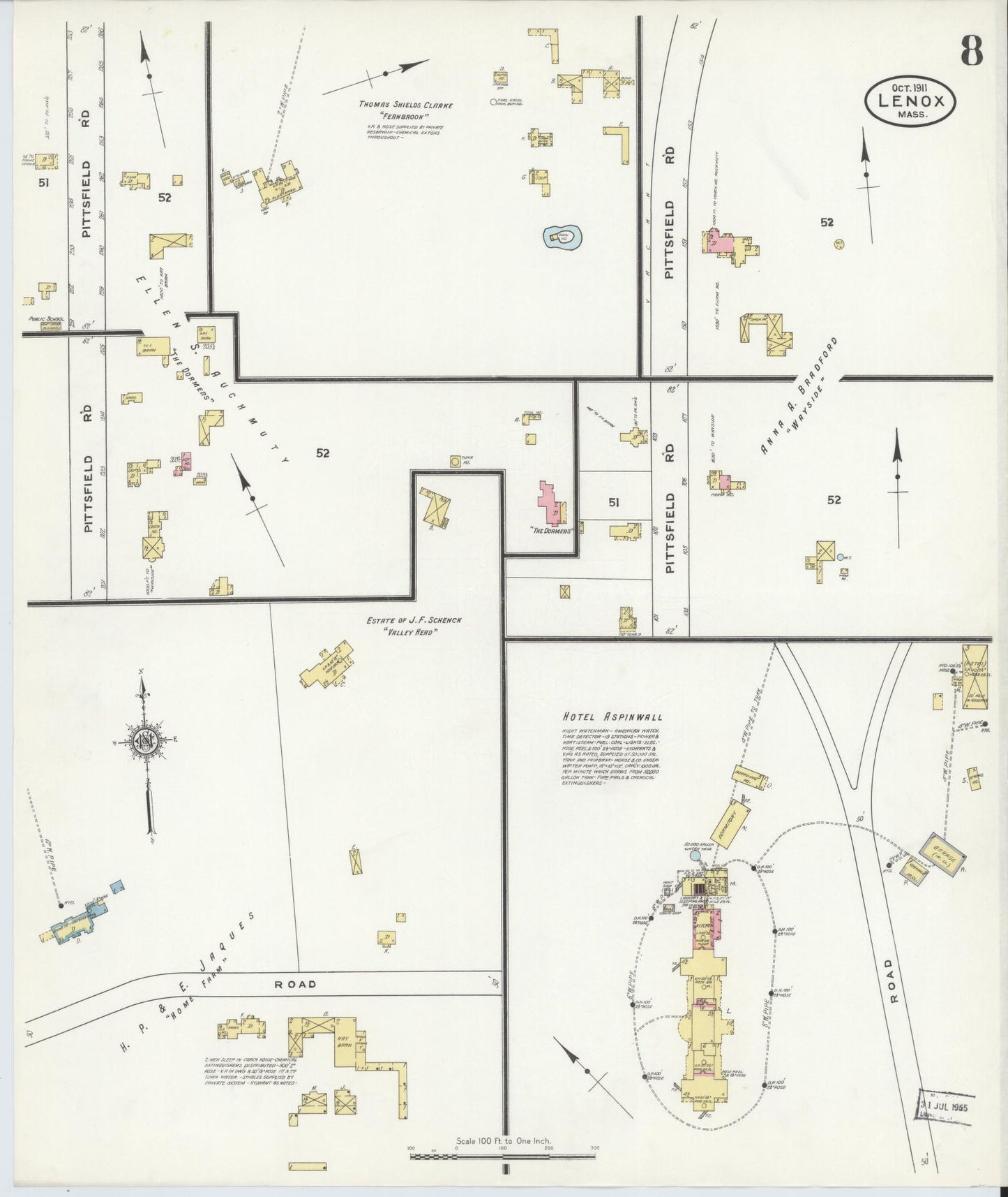 Sanborn Fire Insurance Map from Lenox, Berkshire County, Massachusetts (1911), Sheet #0008 - Historic Sanborn Fire Insurance Map Print, vintage old map wall art, antique decor, genealogy gift, Massachusetts Massachusetts map