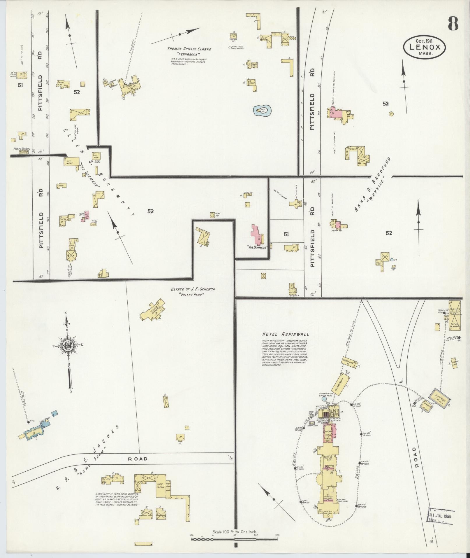 Sanborn Fire Insurance Map from Lenox, Berkshire County, Massachusetts (1911), Sheet #0008 - Historic Sanborn Fire Insurance Map Print, vintage old map wall art, antique decor, genealogy gift, Massachusetts Massachusetts map