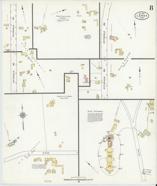 Sanborn Fire Insurance Map from Lenox, Berkshire County, Massachusetts (1911), Sheet #0008 - Historic Sanborn Fire Insurance Map Print, vintage old map wall art, antique decor, genealogy gift, Massachusetts Massachusetts map