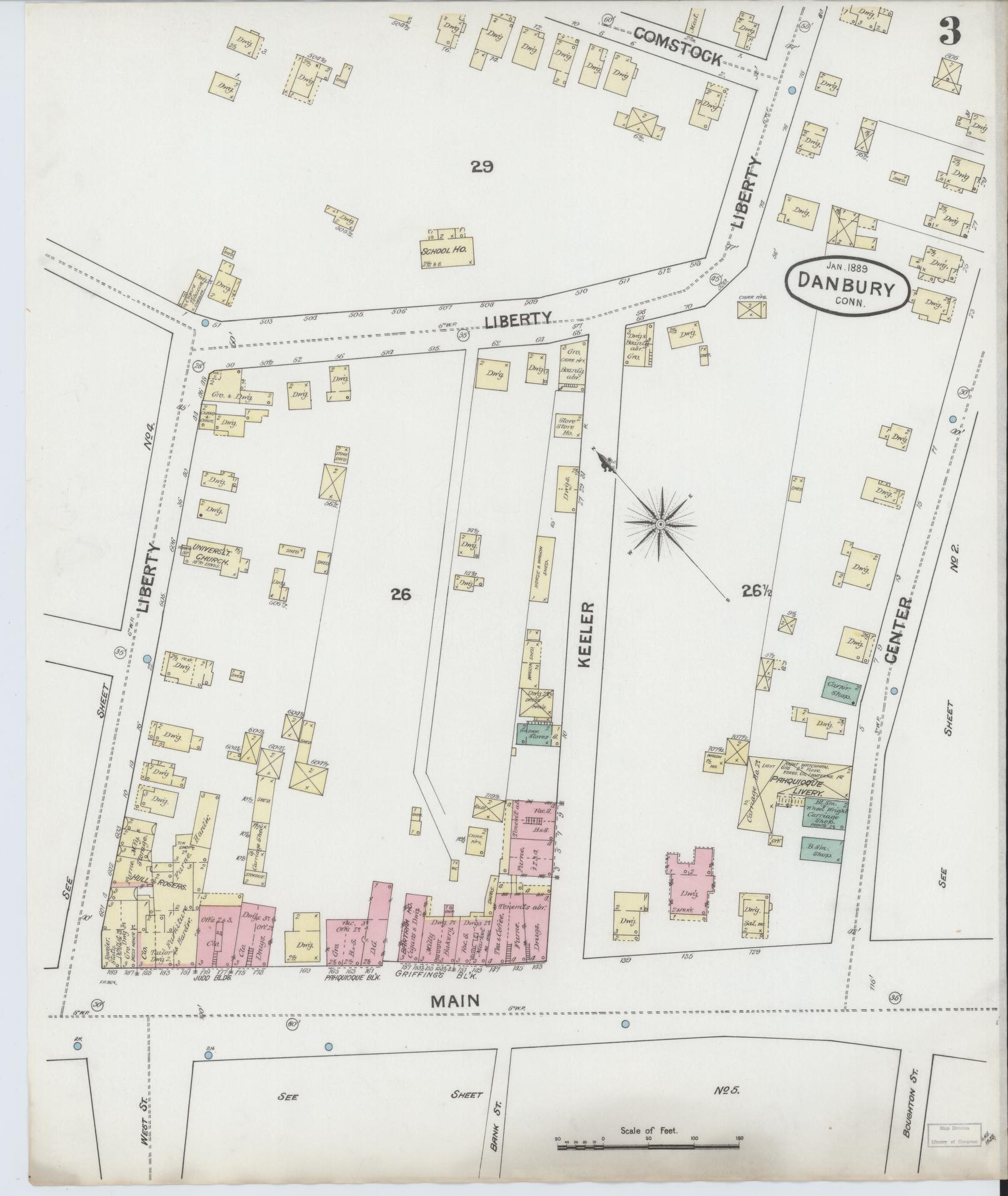 Sanborn Fire Insurance Map from Danbury, Fairfield County, Connecticut (1889), Sheet #0003 - Complete Map Set gallery image, historic Sanborn map, vintage wall art, Connecticut Connecticut