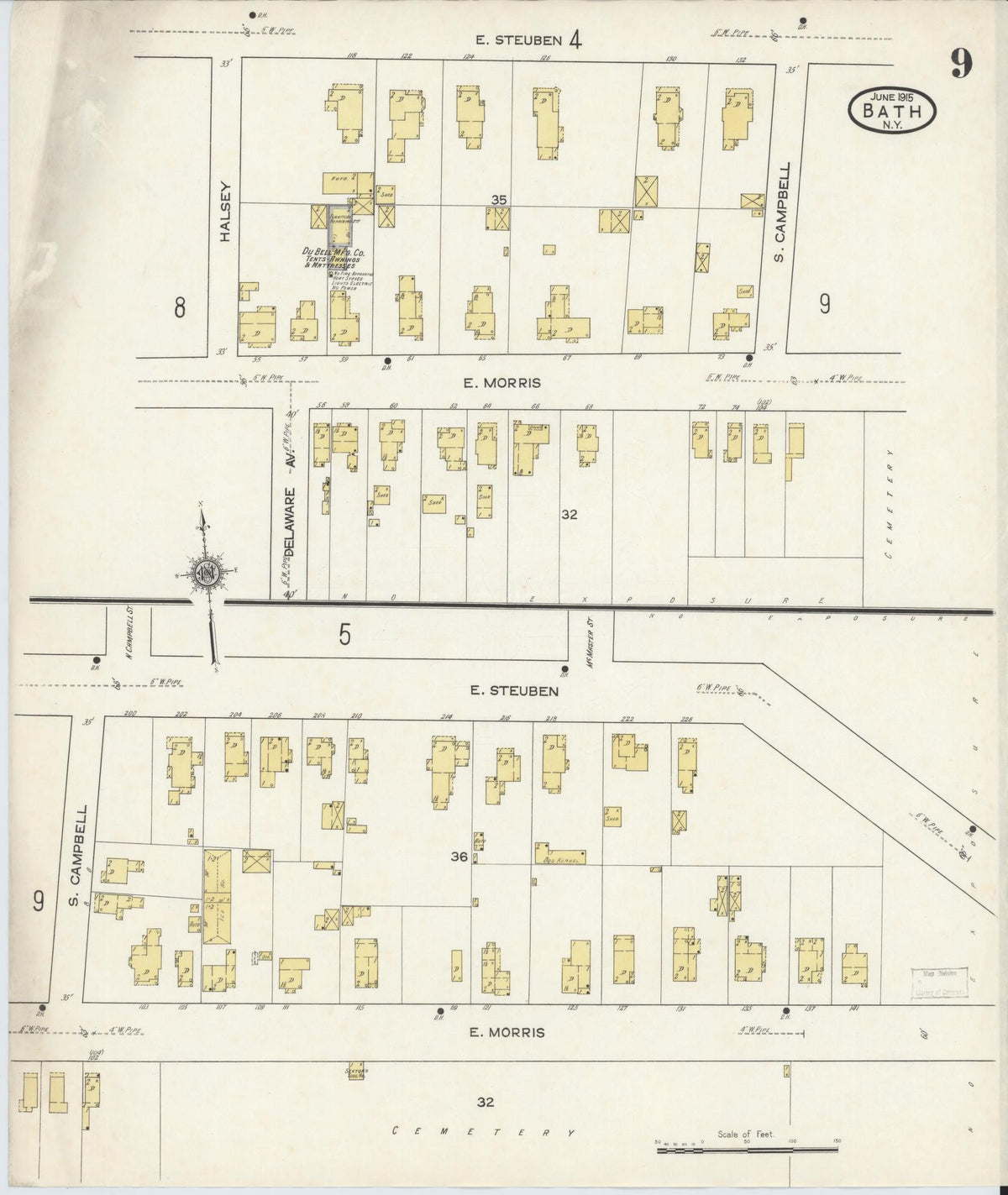 Sanborn Fire Insurance Map from Bath, Steuben County, New York (1915), Sheet #0009 - Historic Sanborn Fire Insurance Map Print, vintage old map wall art, antique decor, genealogy gift, New York New York map