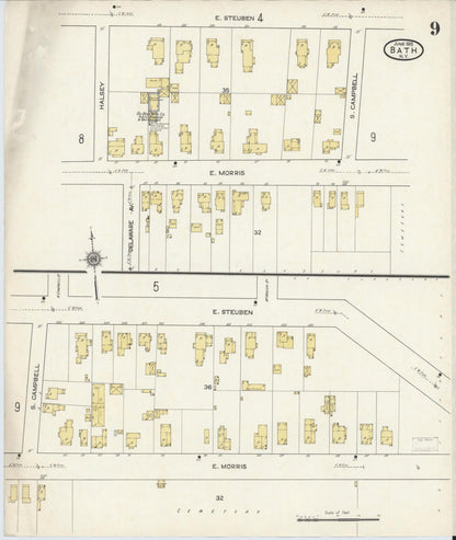 Sanborn Fire Insurance Map from Bath, Steuben County, New York (1915), Sheet #0009 - Historic Sanborn Fire Insurance Map Print, vintage old map wall art, antique decor, genealogy gift, New York New York map
