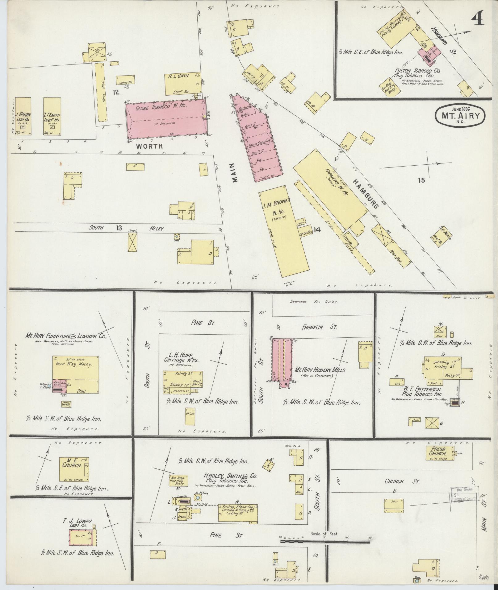 Sanborn Fire Insurance Map from Mount Airy, Surry County, North Carolina (1896), Sheet #0004 - Historic Sanborn Fire Insurance Map Print, vintage old map wall art, antique decor, genealogy gift, North Carolina North Carolina map