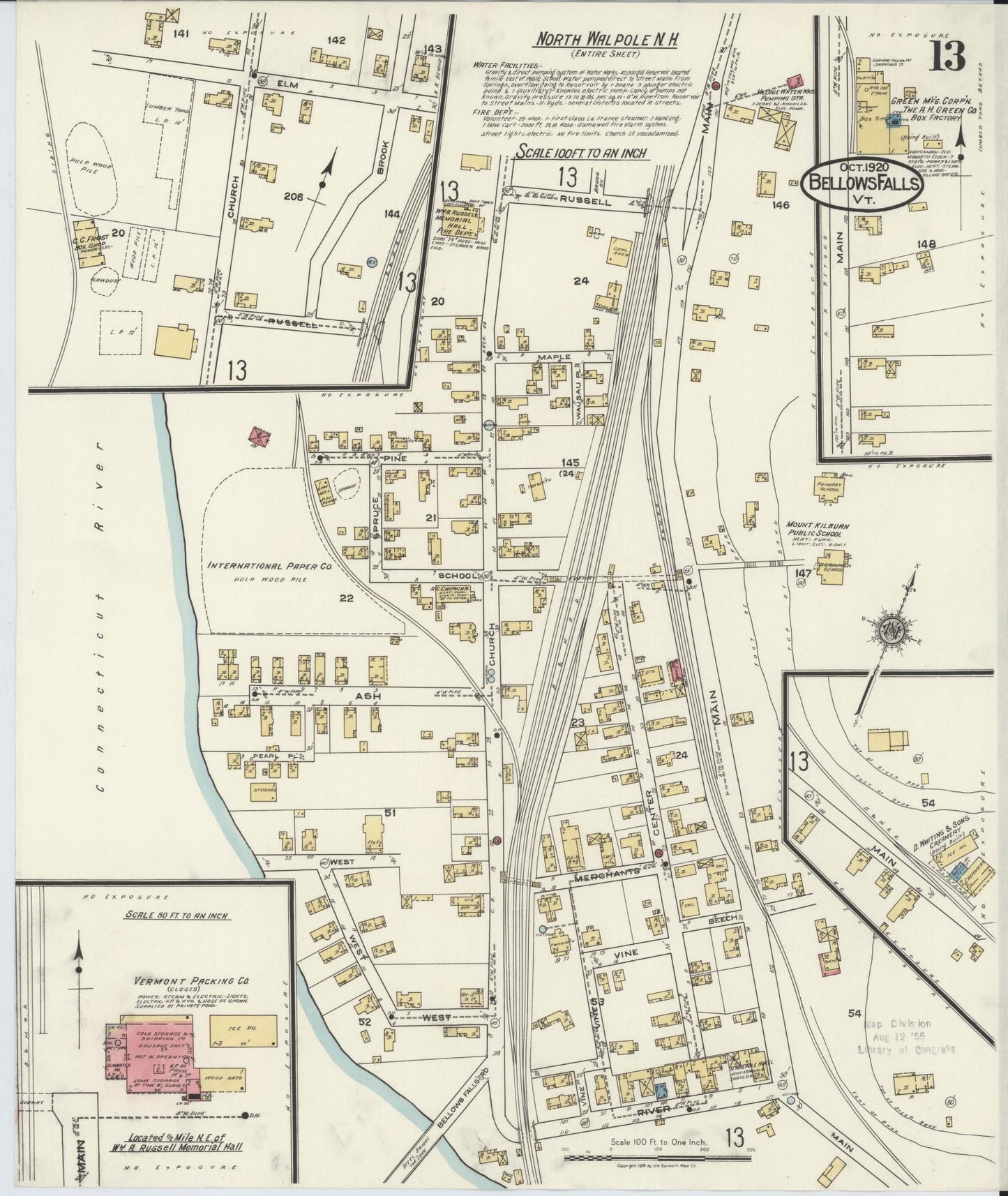 Sanborn Fire Insurance Map from Bellows Falls, Windham County, Vermont (1920), Sheet #0013 - Complete Map Set gallery image, historic Sanborn map, vintage wall art, Vermont Vermont