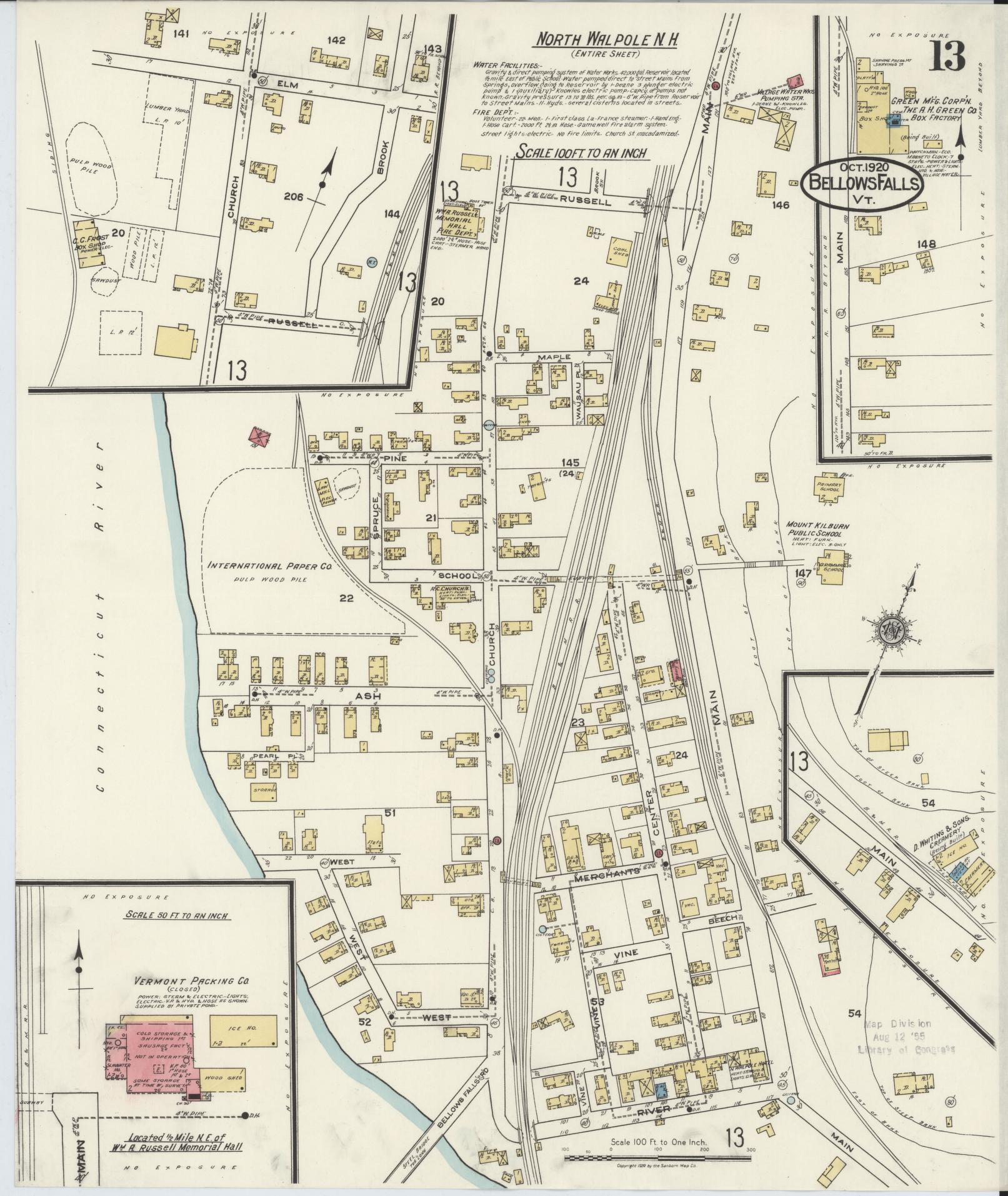 Sanborn Fire Insurance Map from Bellows Falls, Windham County, Vermont (1920), Sheet #0013 - Complete Map Set gallery image, historic Sanborn map, vintage wall art, Vermont Vermont