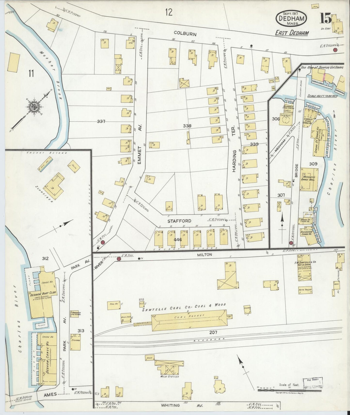 Sanborn Fire Insurance Map from Dedham, Norfolk County, Massachusetts (1917), Sheet #0015 - Complete Map Set gallery image, historic Sanborn map, vintage wall art, Massachusetts Massachusetts
