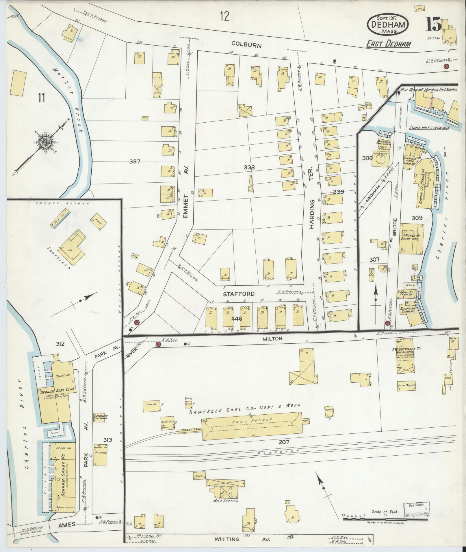 Sanborn Fire Insurance Map from Dedham, Norfolk County, Massachusetts (1917), Sheet #0015 - Complete Map Set gallery image, historic Sanborn map, vintage wall art, Massachusetts Massachusetts