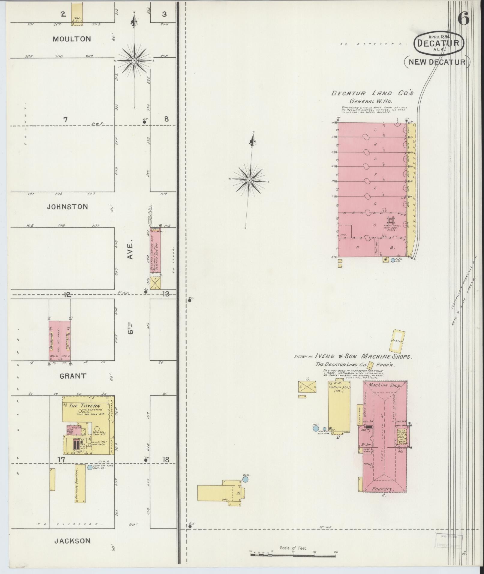 Sanborn Fire Insurance Map from Decatur, Morgan County, Alabama (1894), Sheet #0006 - Historic Sanborn Fire Insurance Map Print, vintage old map wall art, antique decor, genealogy gift, Alabama Alabama map