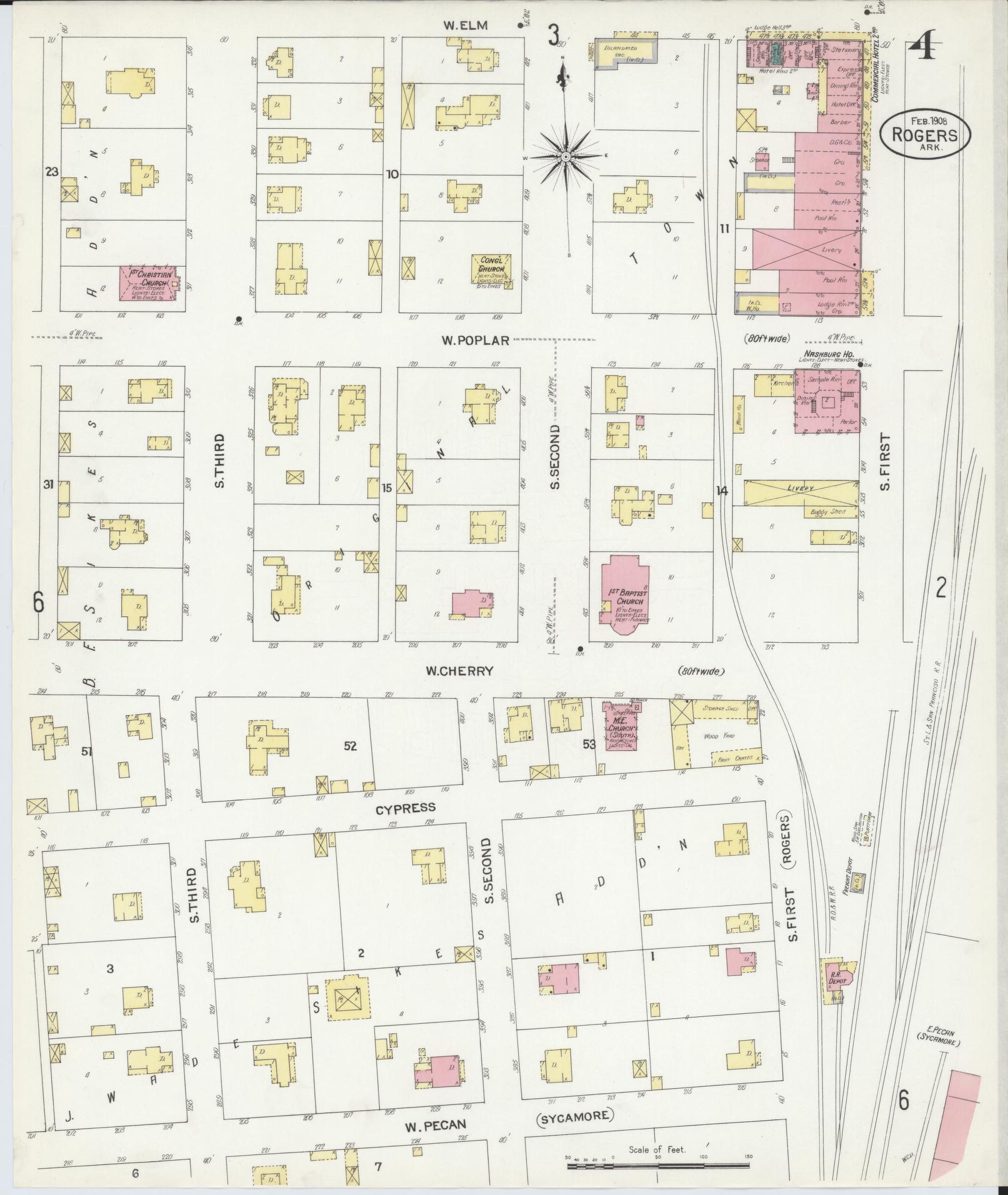 Sanborn Fire Insurance Map from Rogers, Benton County, Arkansas (1908), Sheet #0004 - Complete Map Set gallery image, historic Sanborn map, vintage wall art, Arkansas Arkansas