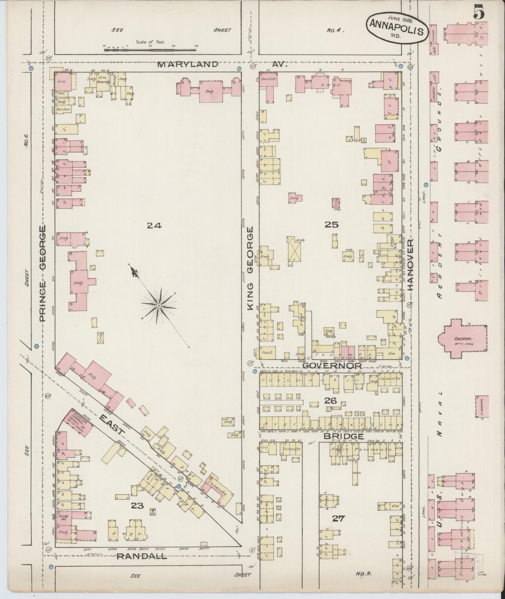 Sanborn Fire Insurance Map from Annapolis, Anne Arundel County, Maryland (1885), Sheet #0005 - Historic Sanborn Fire Insurance Map Print, vintage old map wall art, antique decor, genealogy gift, Maryland Maryland map