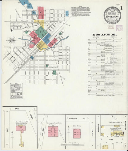 Sanborn Fire Insurance Map from Hattiesburg, Forrest County, Mississippi (1906), Sheet #0001 - Complete Map Set gallery image, historic Sanborn map, vintage wall art, Mississippi Mississippi