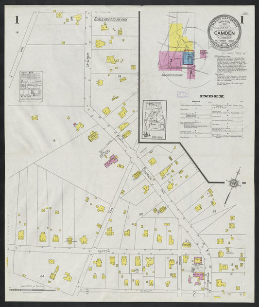 Sanborn Fire Insurance Map from Camden, Wilcox County, Alabama (1925), Sheet #0001 - Historic Sanborn Fire Insurance Map Print, vintage old map wall art, antique decor, genealogy gift, Alabama Alabama map