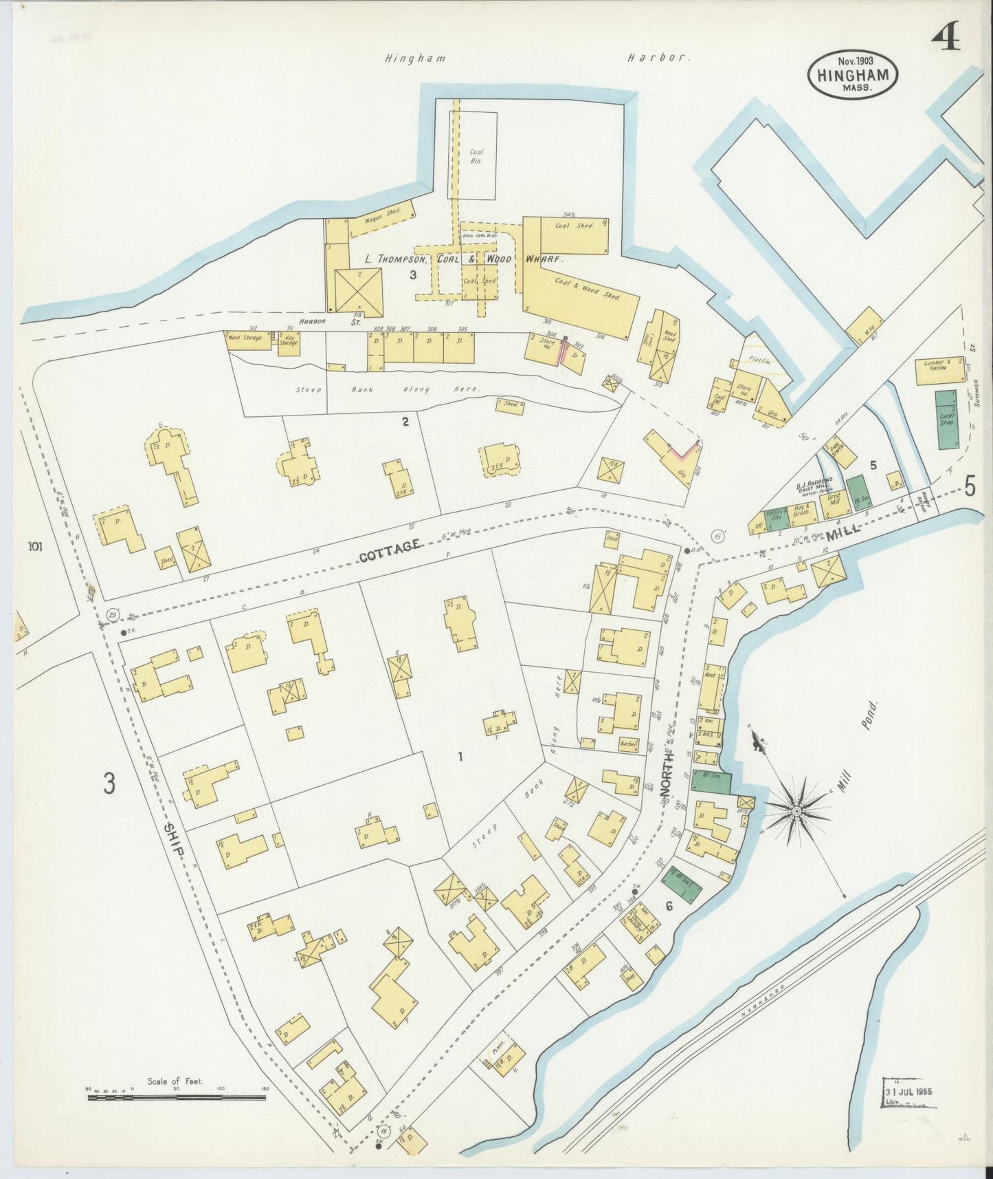Sanborn Fire Insurance Map from Hingham, Plymouth County, Massachusetts (1903), Sheet #0004 - Historic Sanborn Fire Insurance Map Print, vintage old map wall art, antique decor, genealogy gift, Massachusetts Massachusetts map