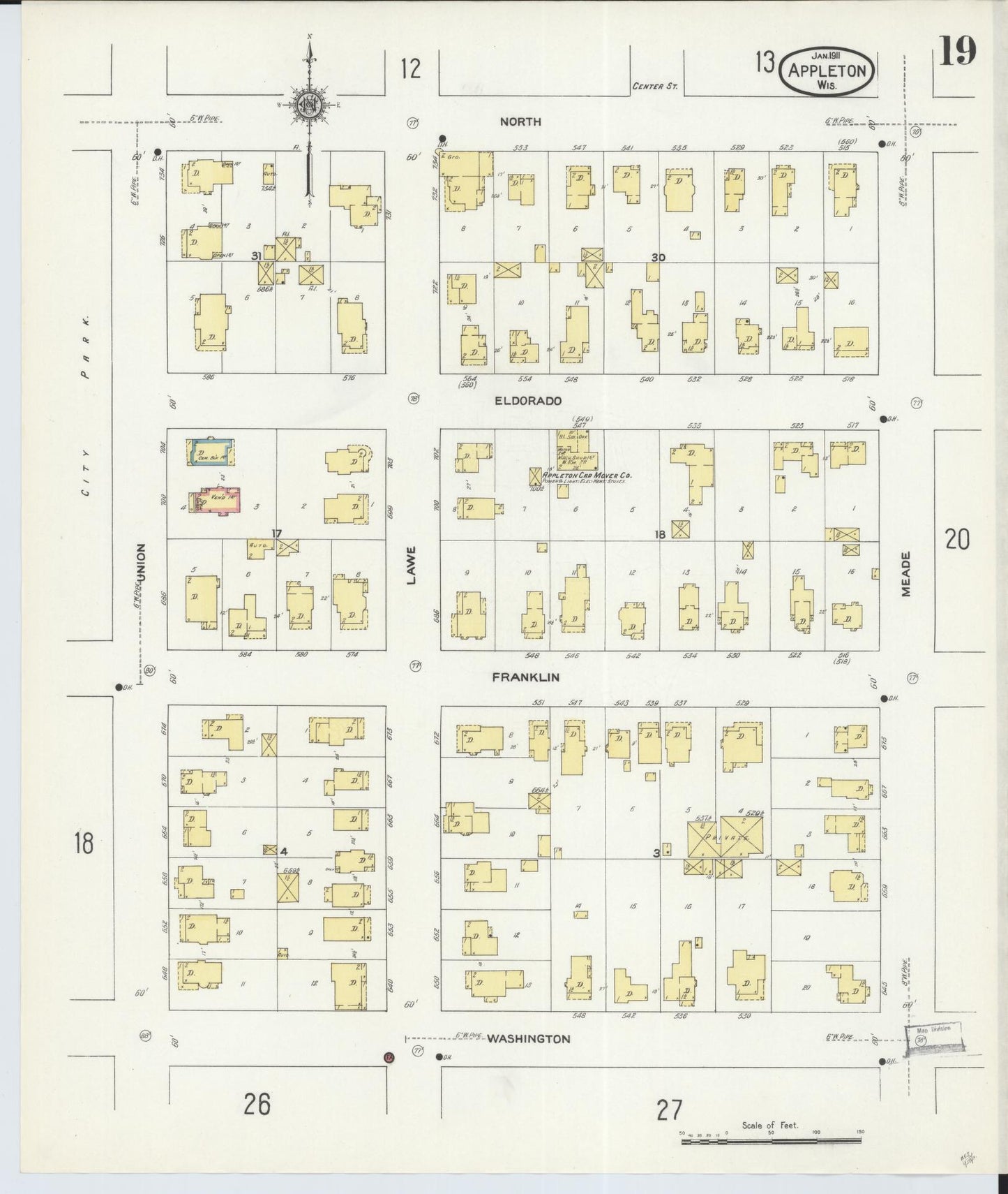 Sanborn Fire Insurance Map from Appleton, Outagamie County, Wisconsin (1911), Sheet #0019 - Complete Map Set gallery image, historic Sanborn map, vintage wall art, Wisconsin Wisconsin