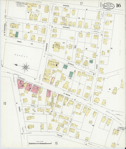 Sanborn Fire Insurance Map from Natick, Middlesex County, Massachusetts (1909), Sheet #0016 - Historic Sanborn Fire Insurance Map Print, vintage old map wall art, antique decor, genealogy gift, Massachusetts Massachusetts map