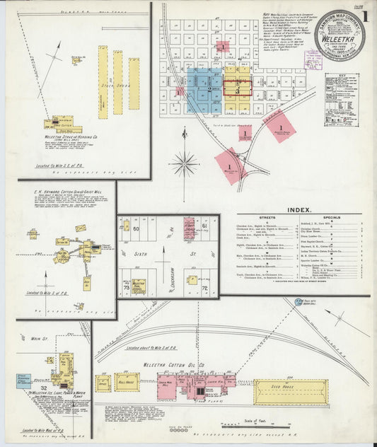 Sanborn Fire Insurance Map from Weleetka, Okfuskee County, Oklahoma (1905), Sheet #0001 - Historic Sanborn Fire Insurance Map Print, vintage old map wall art, antique decor, genealogy gift, Oklahoma Oklahoma map